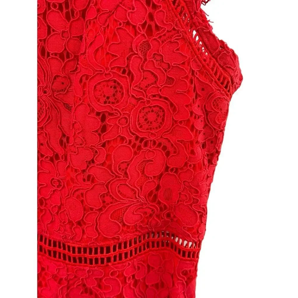 BARDOT Red Lace Mock Neck Lined Sheath Dress Size US 10 / Large Wedding Guest - Picture 5 of 8